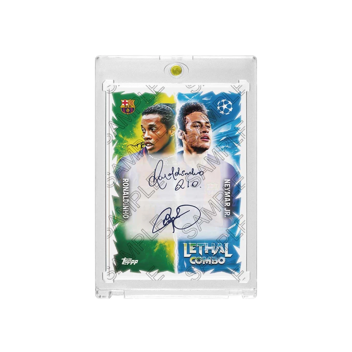 Ronaldinho & Neymar Jr FC Barcelona Lethal Combo Dual Printed‑Signature Collectible Card, Fan‑Made Card with Magnetic One‑Touch Holder