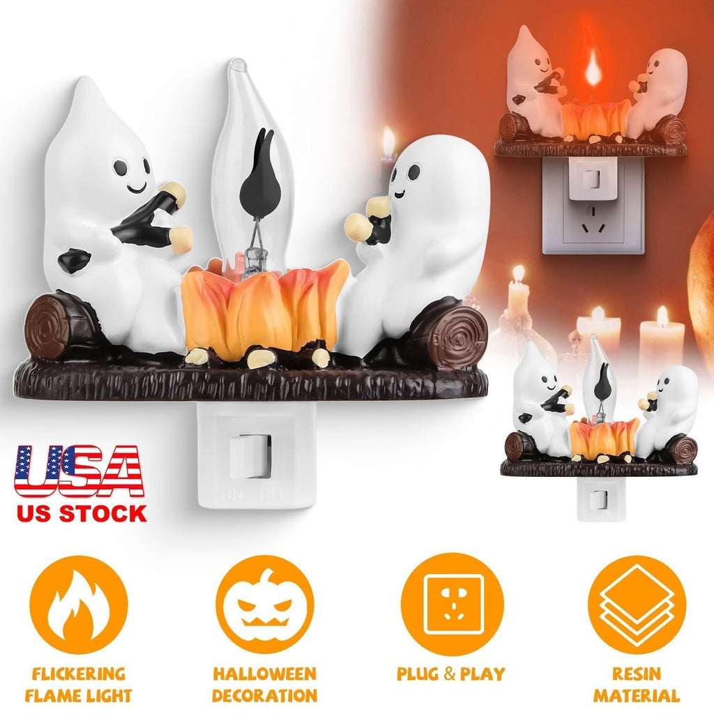 2Pcs Ghost Campfire Flickering Flame Night Light Indoor 3D Funny Halloween Nightlight Decoration Bedroom Night Light Halloween Decoration Gift For Fri